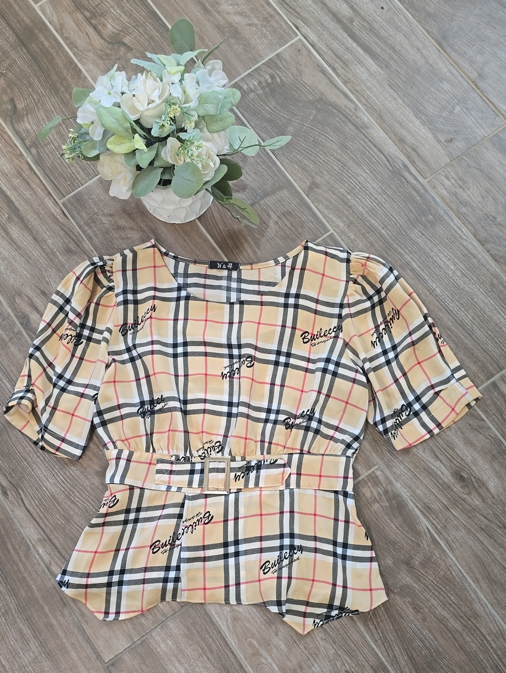 Plaid Belted Puff Sleeve Blouse in Beige